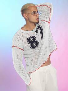 Manfinity Fever City Men's Casual Hollow-Out Numeric Pattern Crewneck Long Sleeve Sweater, Autumn/Winter