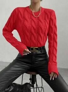 Chiquease Casual Solid Color Cable Knit Sweater, Autumn/Winter Knit Pullover Fall Sweater - Red - View 2