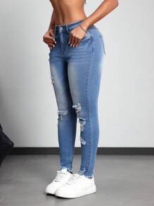 SHEIN PETITE Women's Front Button Pocket Distressed Minimalist Casual Jeans - Blue - View 5
