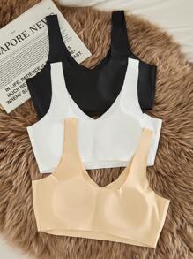 3 件装基本款舒适粘合简约风格无缝吊带背心胸罩，带可拆卸衬垫，无钢圈，无袖设计 - 彩色 - 查看 2