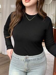 Dazy Petite Plus 1pc Crew Neck Solid Color Slim Fit Long Sleeve Black Base Layer T-Shirt, Spring/Summer/Autumn - Black - View 6