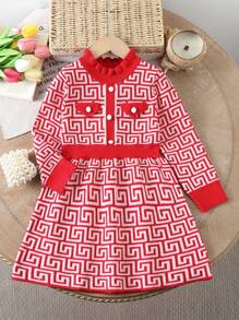 SHEIN Vestido de suéter de cuello redondo de manga larga con volantes y estampado geométrico, adecuado para salir, fiesta, otoño/invierno