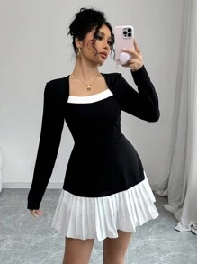 SHEIN Unity 黑色 & 白色拼布对比色领长袖短款修身褶饰溜冰裙 - 黑色 - 查看 1