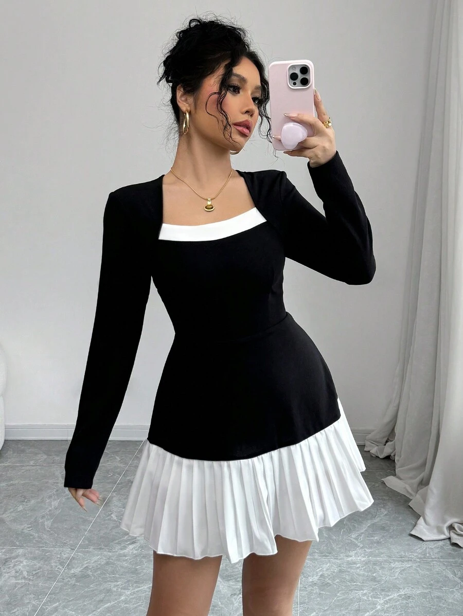SHEIN Unity 黑色 & 白色拼布对比色领长袖短款修身褶饰溜冰裙 - 黑色 - 查看 1