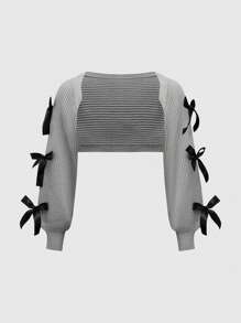 ROMWE Kawaii Đầm mini cổ nơ xếp ly đan lưới gợi cảm cho nữ, phong cách học thuật, dáng bodycon đuôi cá - Xám - Xem 5