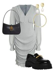 Chiquease Vestido ajustado de manga larga con cuello en V y volados de unicolor para mujer, otoño - Gris - Ver 1