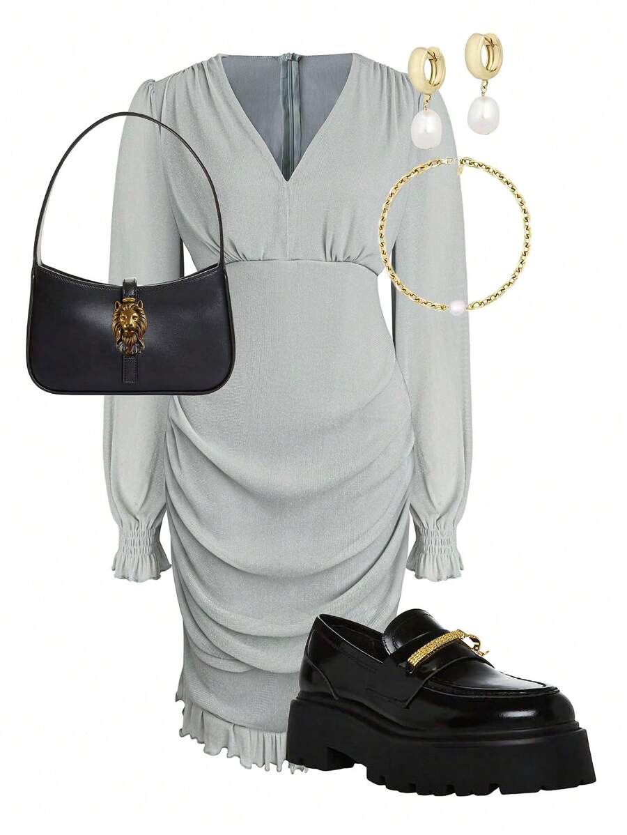 Chiquease 女士 V 领长袖荷叶边纯色紧身连衣裙，秋季 - 灰色 - 查看 1