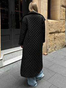 Aloruh Casaco feminino longo e acolchoado, com cor sólida, manga longa, colarinho e comprimento casual - Preto - Visão 2