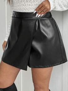 SHEIN Frenchy Váy PU Collegiate thường ngày cỡ lớn, thiết kế tối giản màu trơn - màu đen - Xem 3