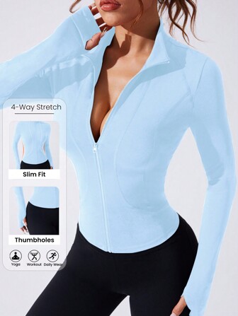 Gameset SHEIN Sport Women's Solid Color Front Zip Long Sleeve Fitted Casual Sports Jacket