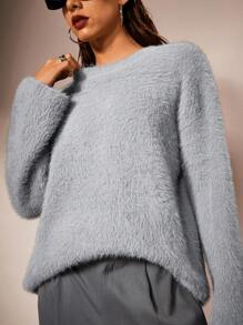 Forever 21 女士纯色圆领长袖蓬松休闲宽松毛衣，秋冬