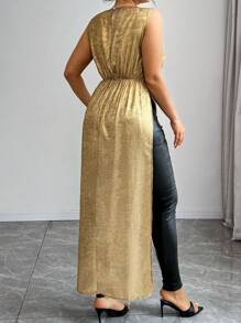 SHEIN Unity Túnica larga informal para mujer talla grande, cuello redondo, sin mangas, con abertura en el bajo - Dorado - Ver 2