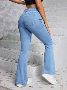 SHEIN PETITE Women Front Button Pocket Simple Denim Jeans, Casual Daily Wear - Light Wash - View 2