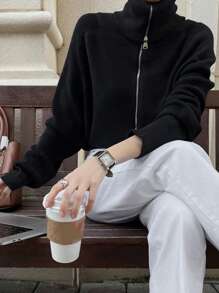 DAZY Women Loose High Collar Zip Up Cardigan Sweater,Fall Clothes Jacket