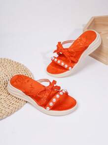 Cute & Fashionable Breathable Bow Pearl Decor Kids Thick Sole Sandals For Girls