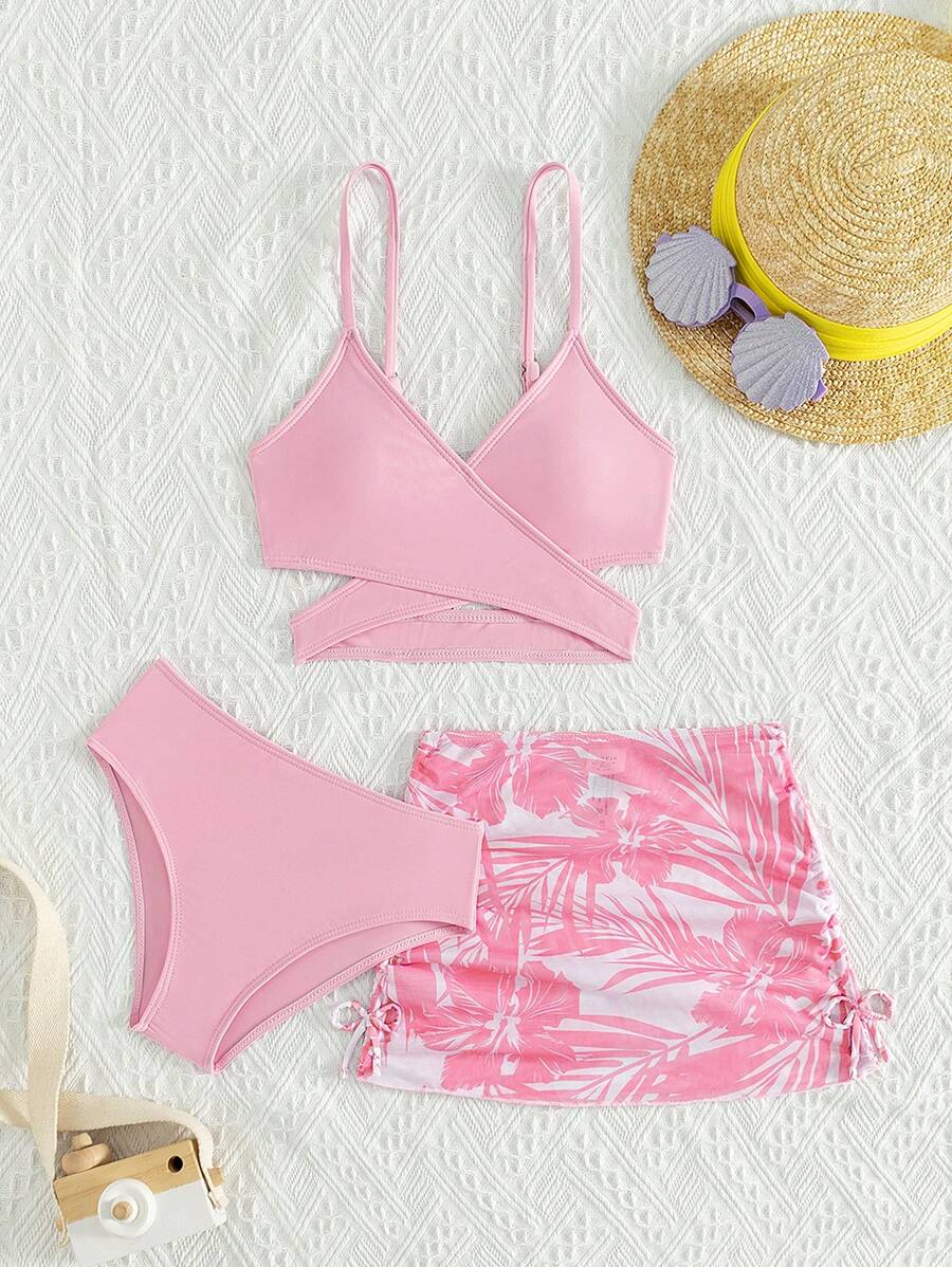 Tween Girl Tropical Printed Cross-Wrap Two-Piece Bikini Set - Pink - View 1