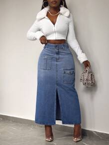 Slaydiva 女士纽扣腰口袋休闲牛仔 A 字裙 - 藍色 - 查看 2
