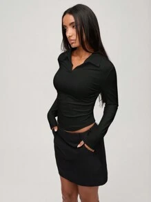 SHEIN BASICS Women Casual Plain Knit Collared Half-Zip Up Fitted Long Sleeve Top With Side Ruched - Black - View 4