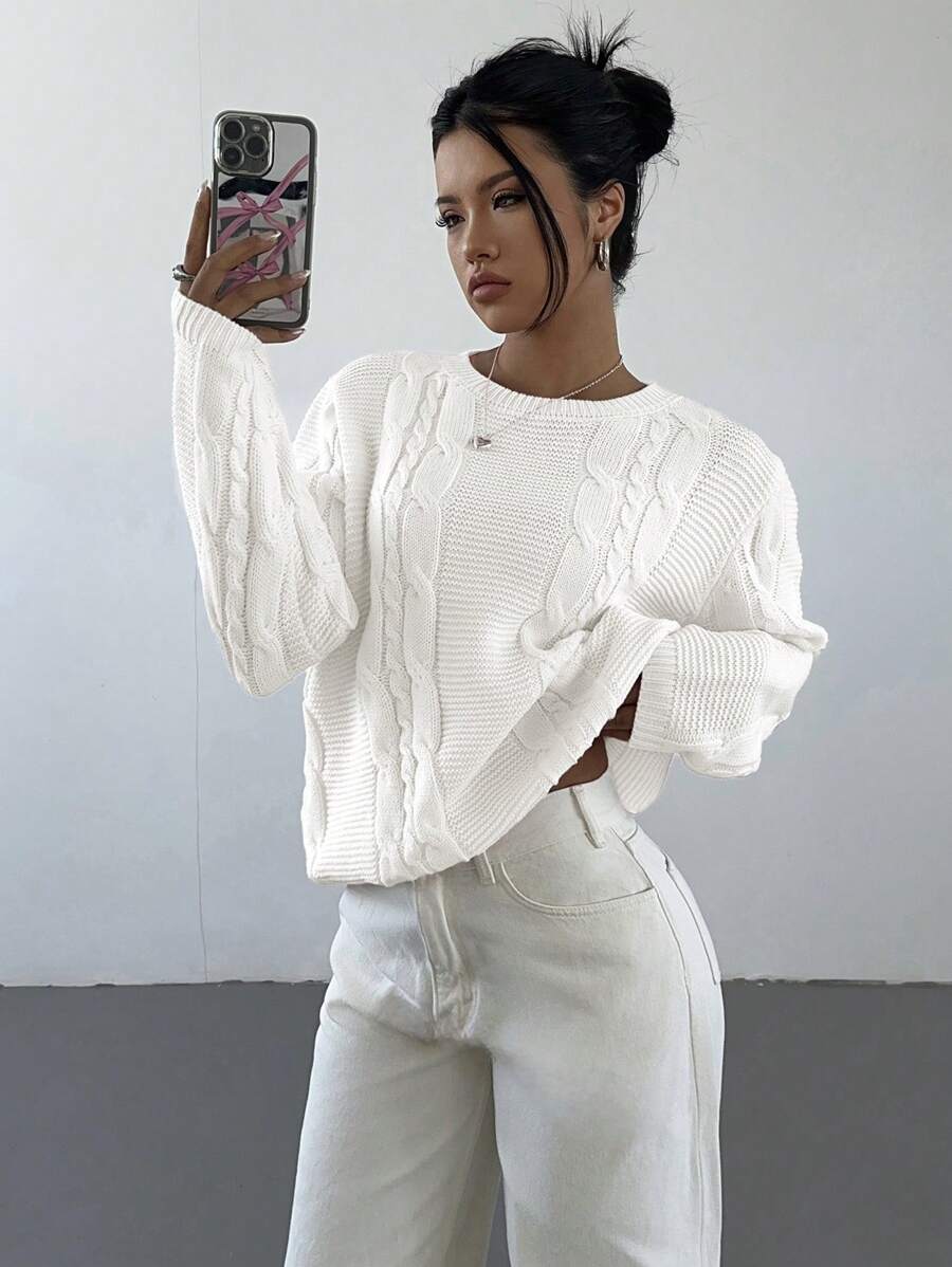 Aloruh 女士纯色圆领长袖休闲宽松针织毛衣，秋冬 - 白色 - 查看 1