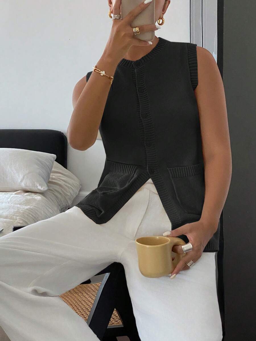 SHEIN Frenchy 女士纯色前扣无袖休闲针织毛衣背心