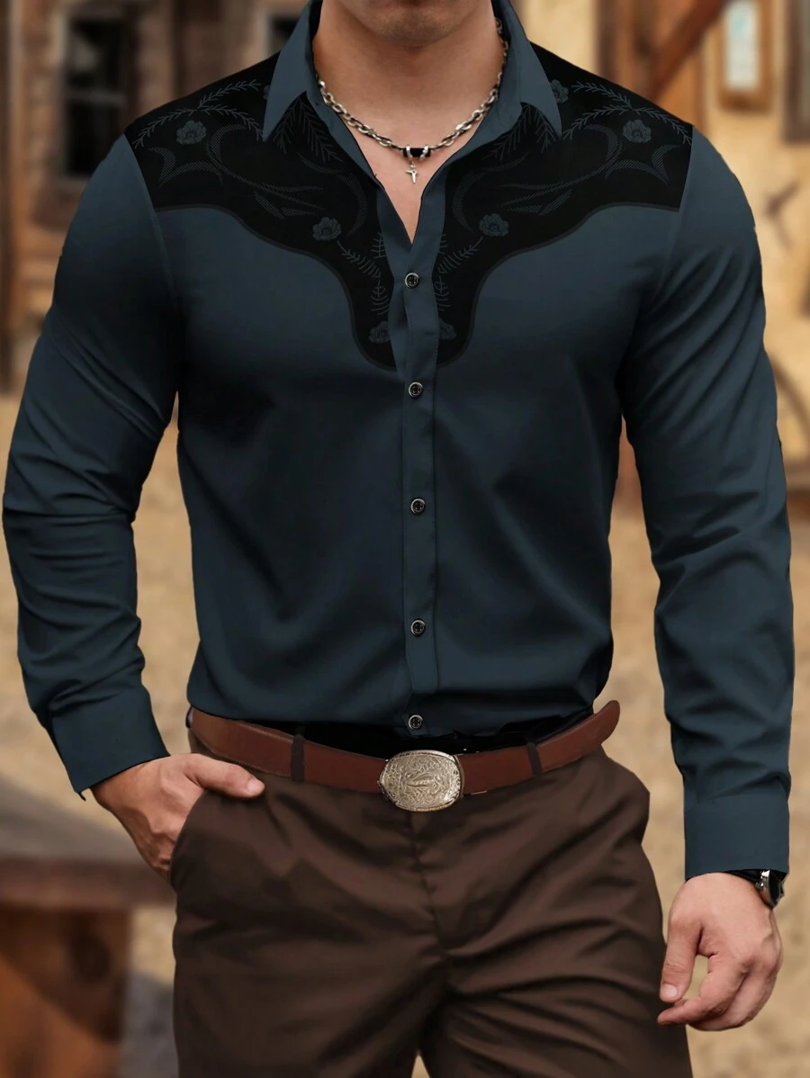 Manfinity Homme Camisa de manga larga de corte holgado con estampado floral para hombre