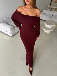 Aloruh 女士性感时尚露肩酒红色紧身针织毛衣连衣裙 - 酒紅色 - 查看 4