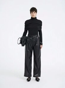 SHEIN LUNE Quần dài thời trang xếp ly da PU màu trơn cho nữ - màu đen - Xem 1