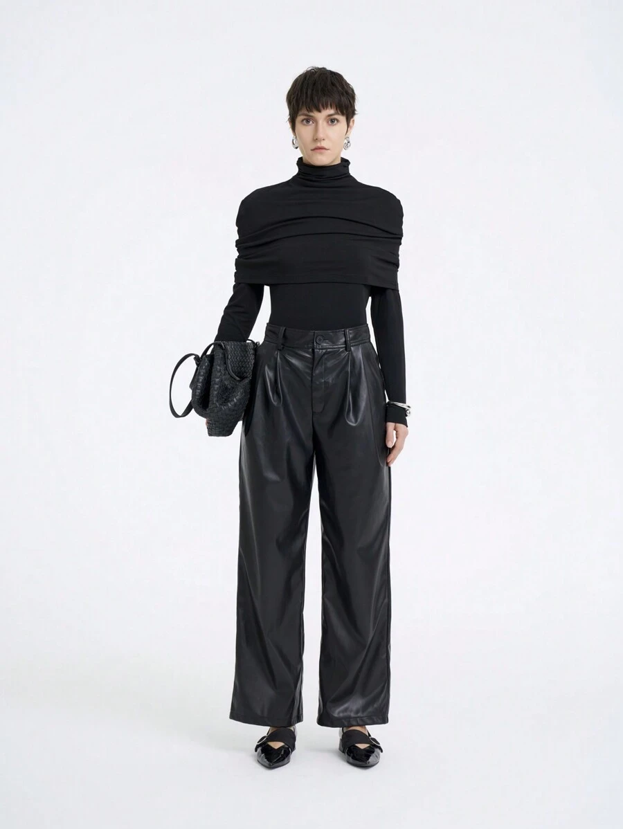 SHEIN LUNE Quần dài thời trang xếp ly da PU màu trơn cho nữ - màu đen - Xem 1