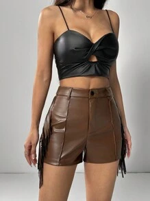 SHEIN PETITE 女款時尚純色流蘇裝飾修身短褲，秋季，小碼女款 - 咖啡棕 - 查看 7