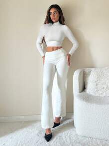 SHEIN ICON Conjunto de 2 piezas de suéter de cuello alto y pantalones de cintura alta para mujer