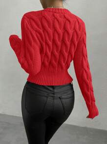 Chiquease Casual Solid Color Cable Knit Sweater, Autumn/Winter Knit Pullover Fall Sweater - Red - View 3