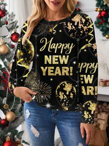 SHEIN LUNE 2025 Celebration Balloon & Fireworks Graphic Loose Fit Crew Neck Knit Sweater, Suitable For Autumn/Winter - Black - View 4