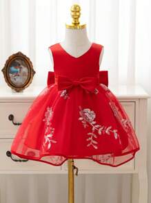 Glamorique Kids 女婴圣诞派对礼服，闪亮蓝色网纱拖尾长裙，配大蝴蝶结缎面蓬蓬裙，女婴生日宴会正式礼服 - 紅色 - 查看 2