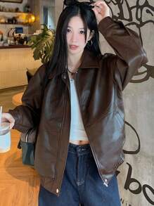 DAZY Chaqueta casual holgada con cierre de cremallera y manga larga de unicolor, para otoño