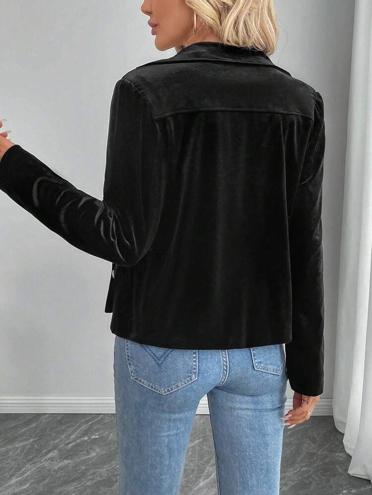 Women's Solid Color Front Button Long Sleeve Pocket Minimalist Casual Short Jacket Winter Coat Velvet Going Out