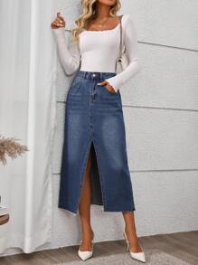 SHEIN LUNE Women's Casual High Split Denim Skirt - Blue - View 5