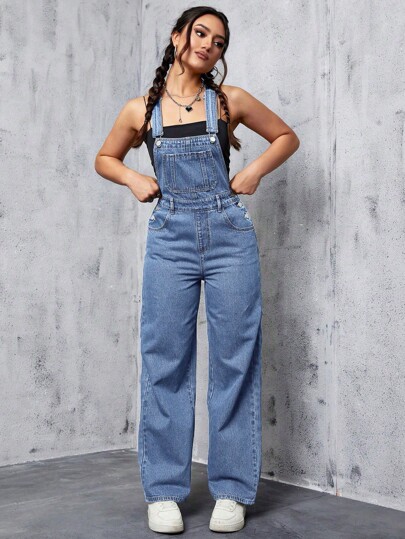 SHEIN ICON Damen Loose Fit Denim Jumpsuit mit Taschen und verstellbaren Trägern