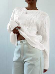 Aloruh 女士纯色圆领长袖休闲宽松针织毛衣，秋冬 - 白色 - 查看 7