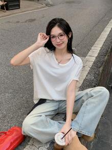 DAZY Women's Solid Color Crew Neck Loose Short Sleeve Casual T-Shirt - White - View 2