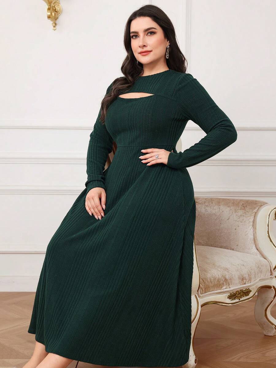 Mulvari Vestido casual de manga larga de cuello redondo de unicolor con abertura frontal ligeramente sexy para mujer talla grande, otoño