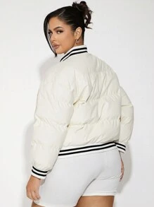 SHEIN SXY 秋冬季大码女式白色 PU 绗缝印花棉服外套 - 白色 - 查看 2