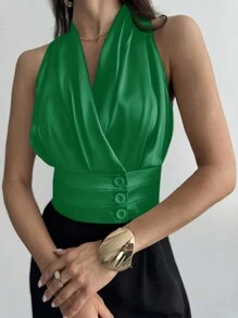 Firerie Blusa de satén elegante y elegante para ir al trabajo con botones decorativos que ciñen la cintura de la mujer - Verde - Ver 4