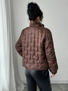 Chiquease Abrigo acolchado de mujer de manga larga con cuello alto de alta gama, de tela acolchada marrón, para otoño/invierno