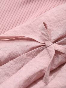 Dazy Petite Plus Plus Size Solid Color Fabric Patchwork Crew Neck Bowknot Sleeve 3/4 Length Sleeve Pullover T-Shirt, Spring/Summer - Pink - View 3