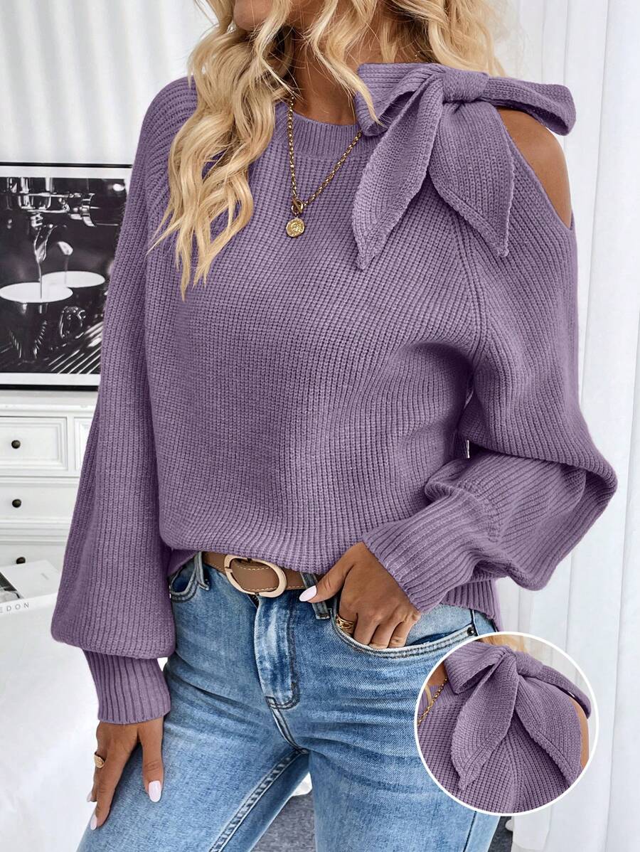 SHEIN LUNE 女士纯色系带长袖简约毛衣，适合日常穿着的休闲装 - 紫色 - 查看 1