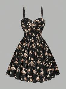 Sweetra Plus Size Elegante Bloemenprint Verstelbare Elastische Taille Cami Jurk, Voor De Zomer