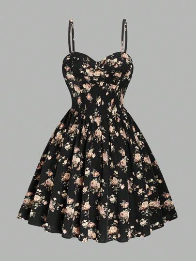 Sweetra 大码优雅花卉印花可调节松紧腰吊带连衣裙，适合夏季