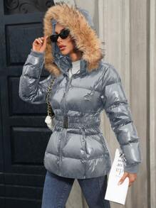 SHEIN Clasi Winter Clothes Fashion Fluffy Collar Hooded Padded Padded Coat Fall Cloth For Women