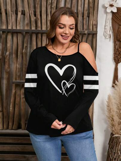 SHEIN LUNE Plus Size Heart Print Casual Loose Batwing Shoulder T-Shirt, Spring Autumn,Valentine's Day