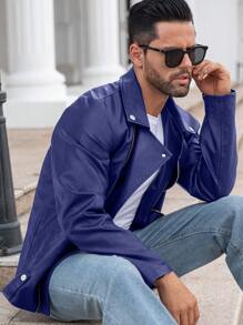 Manfinity LEGND Men's Solid Color Long Sleeve Casual Motorcycle Jacket For Autumn - Blue - View 7